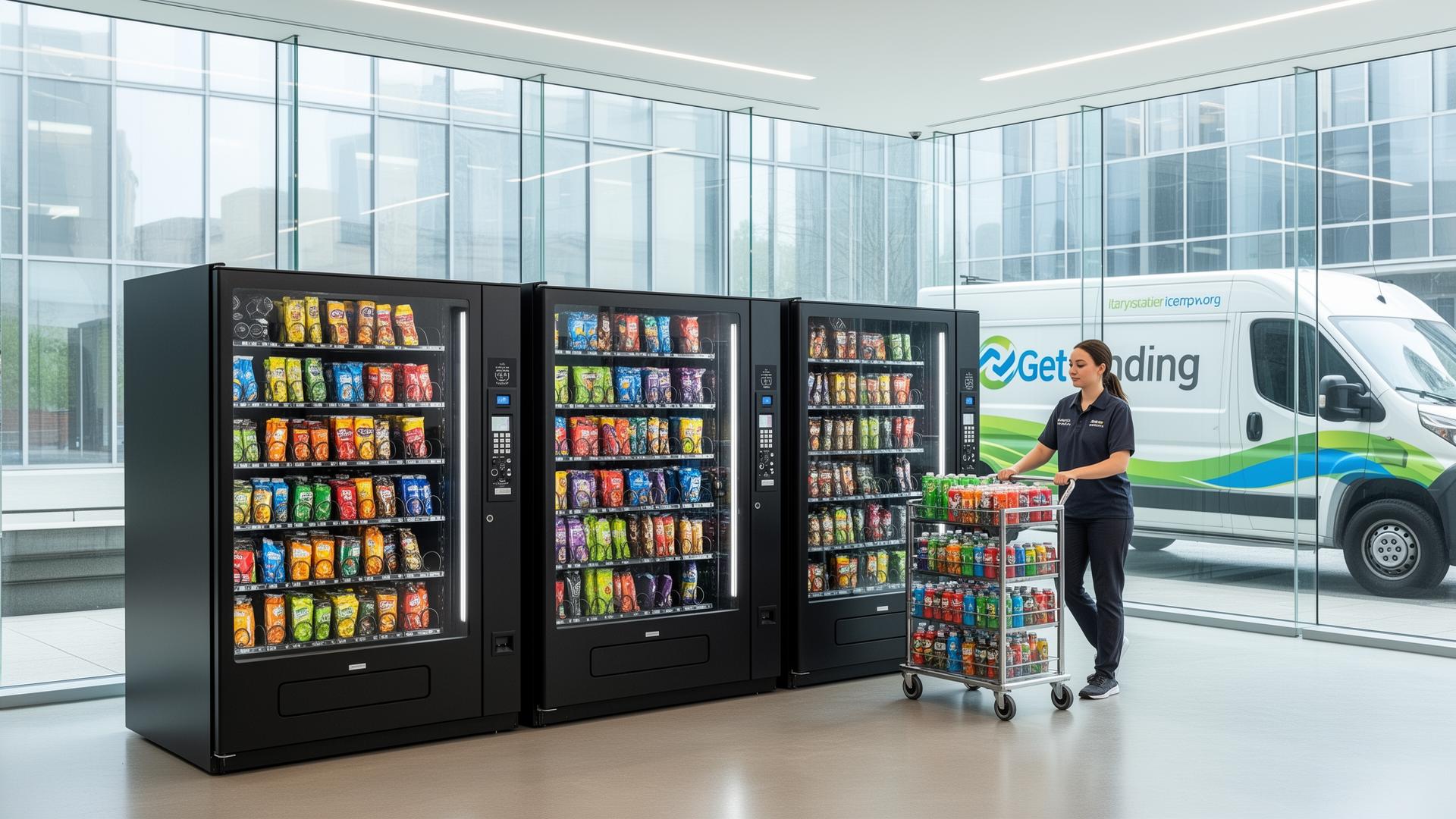 Three modern Get Vending machines being restocked in a corporate USA showroom